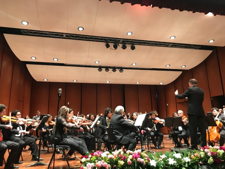 Concierto sinfónico con flores en el escenario